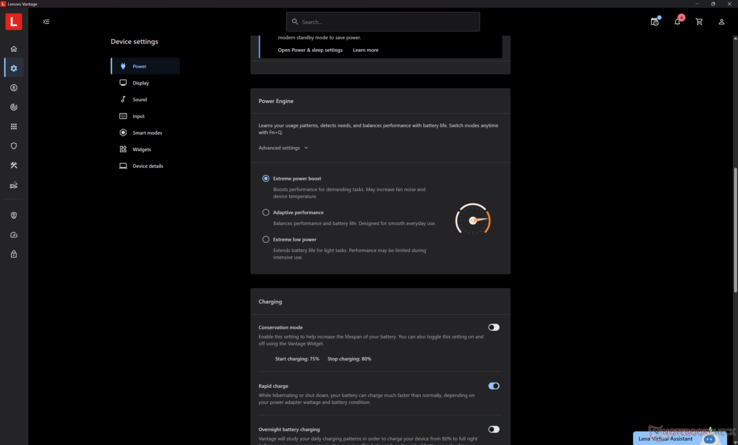 Trzy profile zasilania Lenovo są dostępne za pośrednictwem Lenovo Vantage. Są one również skorelowane z trzema domyślnymi profilami zasilania systemu Windows