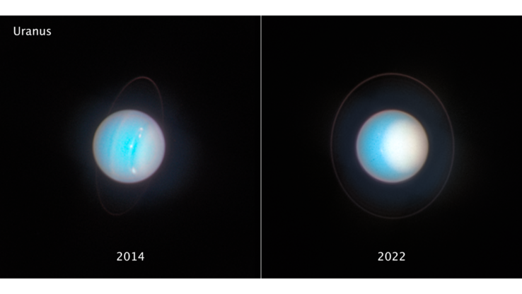 Zdjęcia Urana wykonane w odstępie ośmiu lat za pomocą Kosmicznego Teleskopu Hubble'a (źródło zdjęcia: NASA, ESA, STScI i inne)