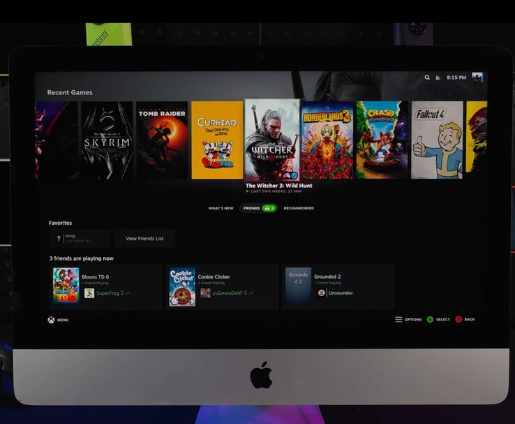 SteamOS działający na iMacu z 2019 roku wyświetlający interfejs biblioteki gier z takimi tytułami jak The Witcher 3, Cuphead, Fallout 4 i Skyrim. (Źródło obrazu: ETA PRIME na YouTube)