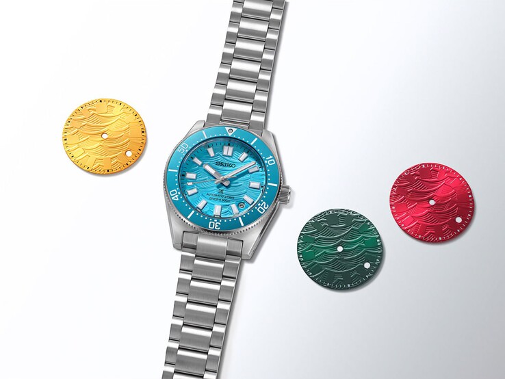 Model Seiko Prospex 1965 Heritage Diver z jasnoniebieską tarczą o wzorze fal oraz dopasowaną ramką, otoczony czterema kolorowymi wzorami tarcz reprezentującymi opcje wybrane w głosowaniu przez fanów.
