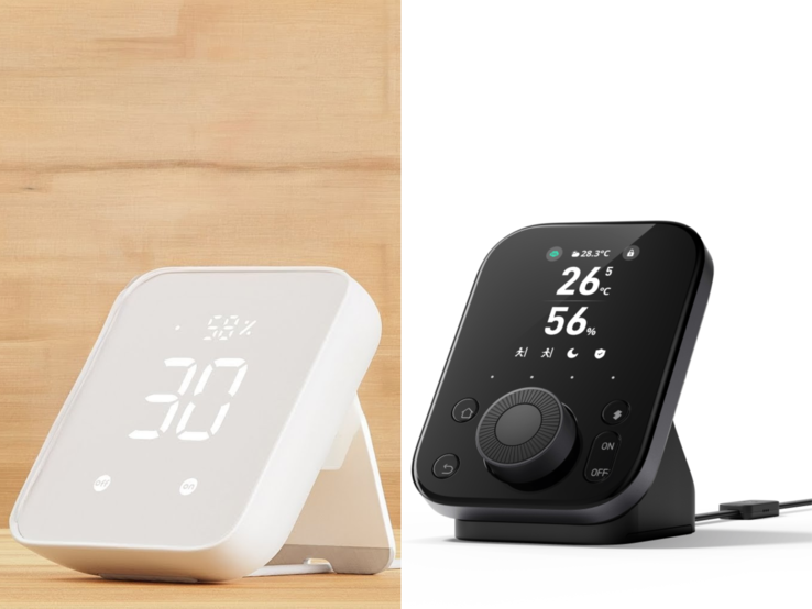 SwitchBot Hub 3 (na zdjęciu, po prawej) to całkowicie czarna aktualizacja SwitchBot Hub 2. generacji (na zdjęciu, po lewej) z lepszym wyświetlaczem, pokrętłem i czterema przyciskami. (Źródło zdjęcia: SwitchBot)