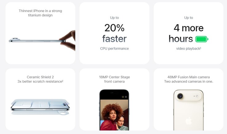 Żywotność baterii i funkcje aparatu nowego iPhone'a Air. (Źródło obrazu: Apple)