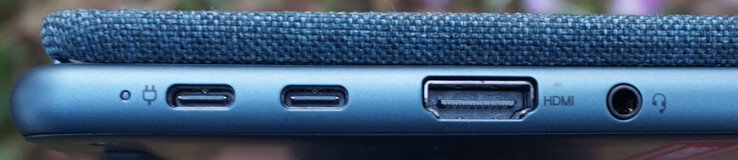 Porty po lewej: 2x USB-C (5 Gbit/s, DP, złącze zasilania), HDMI 2.0, słuchawki