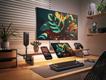 Inteligentny stojak na monitor LED wraz z akcesoriami.