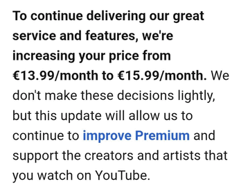 E-mail dotyczący podwyżki opłat w ramach indywidualnego planu YouTube Premium