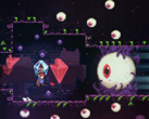 Celeste steam deal screebshot pokazujący postać walczącą z gigantyczną gałką oczną