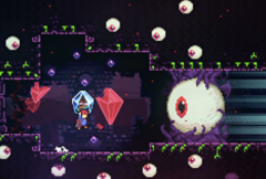 Celeste steam deal screebshot pokazujący postać walczącą z gigantyczną gałką oczną