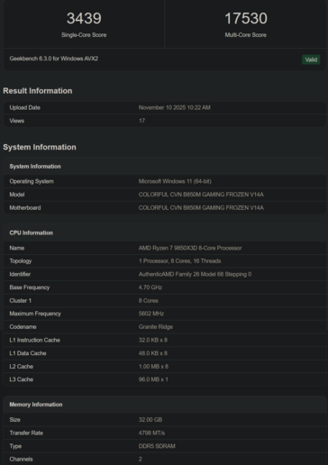 Ryzen 7 9850X3D Geekbench listing 2 (źródło obrazu: Geekbench)