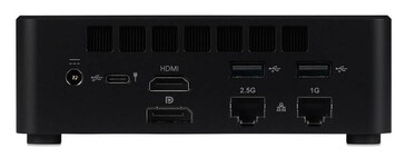 Widok z tyłu mini PC iiyama przedstawiający porty HDMI, DisplayPort, USB, Ethernet i zasilania