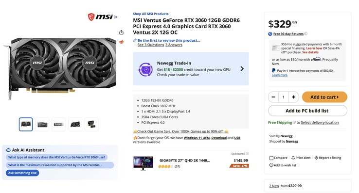 Na zdjęciu widoczna jest nowa oferta dotycząca karty graficznej RTX 3060, a konkretnie modelu MSI Ventus RTX 3060 z 12 GB pamięci RAM, w cenie 329 dolarów.
