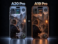 A20 Pro i A19 Pro pokazane obok siebie podczas rozgrywki w Resident Evil 4 Remake, z widocznymi na ekranie wskaźnikami wydajności