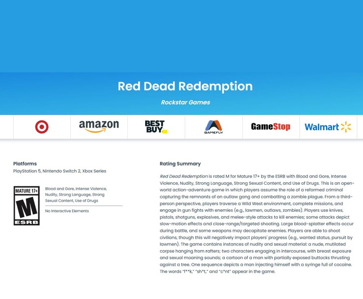 Strona z oceną ESRB dla Red Dead Redemption pokazująca etykietę Mature 17+, wymienione platformy i szczegółowe podsumowanie treści (źródło obrazu: ESRB)