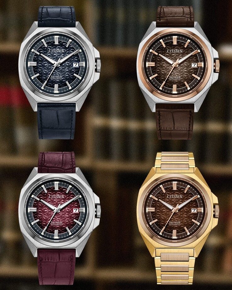 Od góry do dołu: zegarki automatyczne z serii Citizen Series 8 831 w limitowanej edycji, odpowiednio w kolorach granatowym, brązowym, bordowym i spalonej pomarańczy.