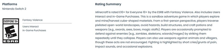 Ocena ESRB dla portu Minecrafta na Switch 2.