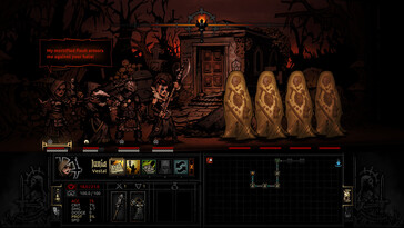 Obraz przedstawiający walkę z wieloma przeciwnikami w Darkest Dungeon. 