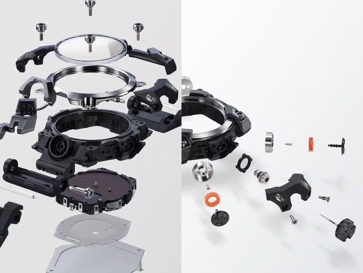 Widok rozłożonego zegarka Casio G-Shock Mudmaster GWG-B1000 przedstawiający zdemontowaną ramkę, kopertę, moduł, przyciski, koronkę, uszczelki, śruby oraz inne elementy.