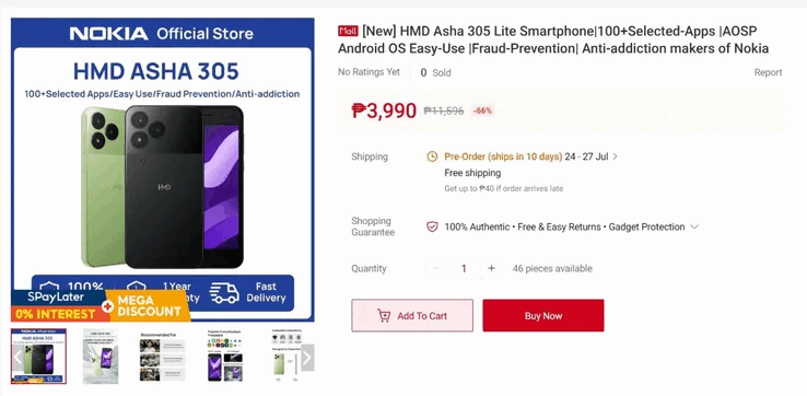Telefon został już wprowadzony do sprzedaży u jednego ze sprzedawców detalicznych na Filipinach w cenie 3 990 PHP (ok. 65 USD).