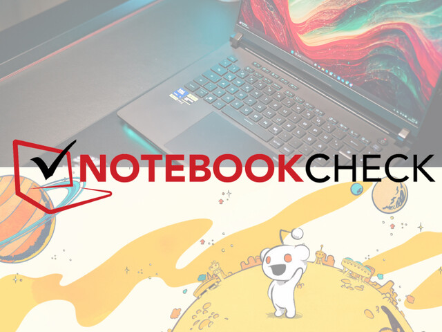 Logo Notebookcheck na zdjęciu laptopa i grafika Reddit. (Źródło obrazu: Notebookcheck i Reddit, z/edycje)