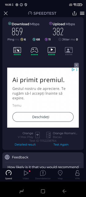 Ookla Speedtest, przebieg 1 (Źródło obrazu: Zrzut ekranu - Sergey Tarasov - Notebookcheck)