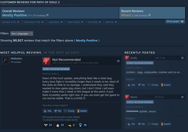 Ostatnie recenzje Path of Exile 2 na Steam (zrzut ekranu, Steam)