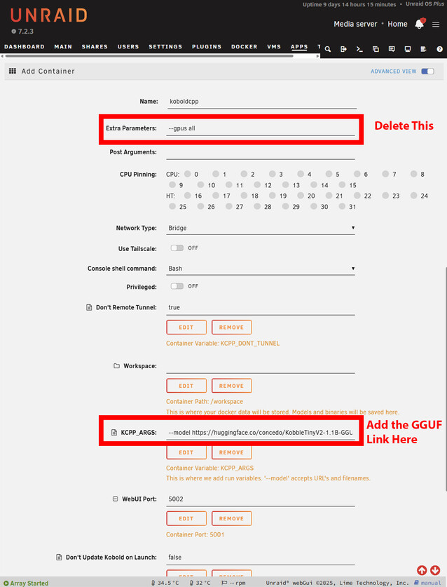 Szablon docker Unraid wymaga tylko 2 zmian, aby rozpocząć. Jeśli pracują Państwo bez GPU, proszę usunąć flagę GPU i wkleić link do pliku GGUF z Huggingface