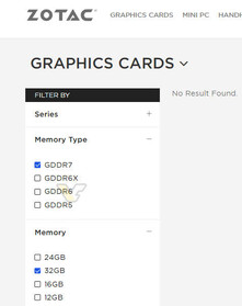 Filtr VRAM na stronie Zotac (źródło obrazu: Videocardz)