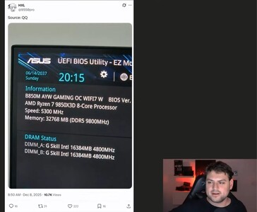 Zrzut ekranu BIOS-u podobno pokazujący system AMD Ryzen 7 9850X3D działający z 32 GB pamięci DDR5-9800, udostępniony przez konto X @9550pro (źródło obrazu: @9550pro / X)