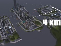 Widok z lotu ptaka na 4-kilometrową mapę GTA III Liberty City z trzema wyspami