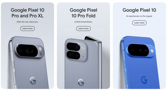 Seria Pixel 10. Z wyjątkiem zagięcia, standardowy Pixel 10 i mniejszy 10 Pro są prawie identyczne zarówno pod względem budowy, jak i specyfikacji, ale mają różnicę w cenie 200 USD (Źródło zdjęcia: Google)