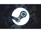 Obraz promocyjny Steam z dużym logo platformy pośrodku na wyblakłym czarnym tle z nieostrymi okładkami różnych tytułów gier. (Źródło obrazu: Steam)