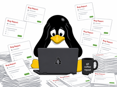 Pingwin w stylu Tux przytłoczony raportami o błędach generowanymi przez sztuczną inteligencję, zalewającymi obszar roboczy programisty Linuksa.