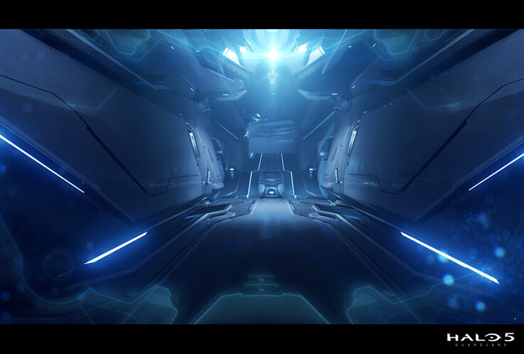 Ta scena w korytarzu Halo 5: Guardians wykorzystuje ostrą symetrię, świetliste akcenty i głęboką perspektywę, aby stworzyć elegancką futurystyczną atmosferę.