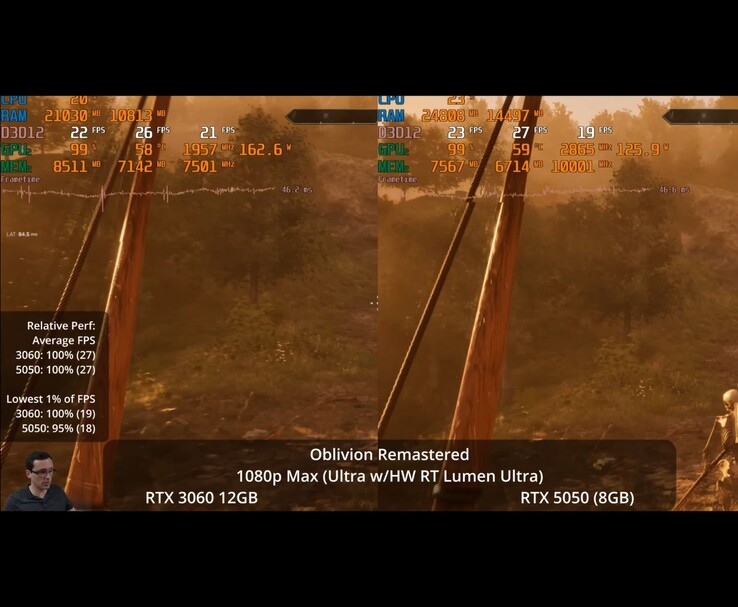 RTX 3060 12GB i RTX 5050, pokazujące statystyki FPS, wykorzystania GPU, pamięci i frametime (źródło obrazu: Daniel Owen)