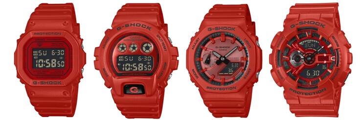 Od lewej do prawej: zegarki Casio G-Shock DW5600RRB-4, DW6900RRB-4, GA2100RRB-4A i GA110RRB-4A. (Źródło zdjęcia: Casio, edytowane)