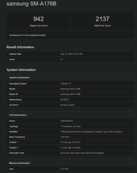 Galaxy Lista Geekbench A17 (źródło obrazu: Geekbench)
