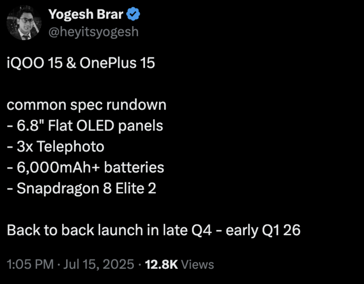 Wyciekły szczegóły OnePlus 15 i iQoo 15. (Źródło obrazu: X)