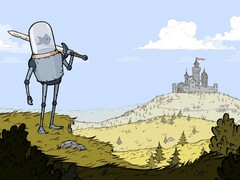 Obrazek z gry Feudal Alloy przedstawiający rycerza z głową w akwarium i zamkiem w tle. (Źródło obrazu: Steam)