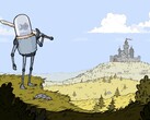Obrazek z gry Feudal Alloy przedstawiający rycerza z głową w akwarium i zamkiem w tle. (Źródło obrazu: Steam)