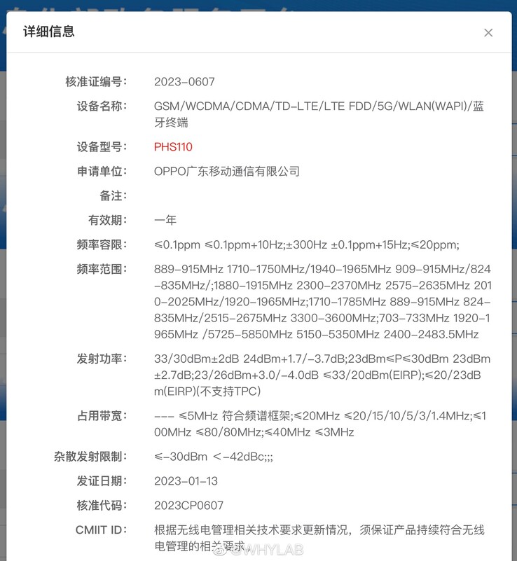OPPO PHS110 podobno pojawia się w bazie danych MIIT. (Źródło: WHYLAB via Weibo)