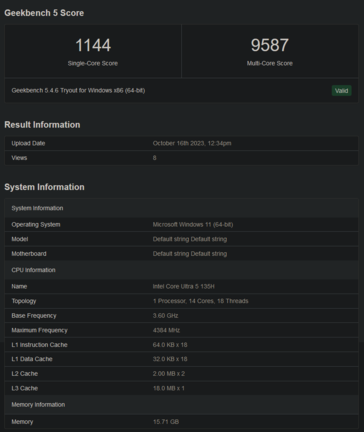 Wydajność Intel Core Ultra 5 135H w Geekbench (zdjęcie za pośrednictwem Geekbench)