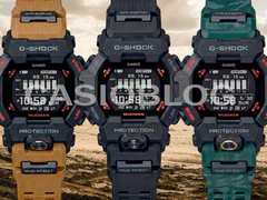Na zdjęciu - Casio G-Shock GDG-B100-1 (cały czarny), GDG-B100-1A3 (czarny z zielonym paskiem camo) i GDG-B100-1A5 (czarny z piaskowym paskiem).