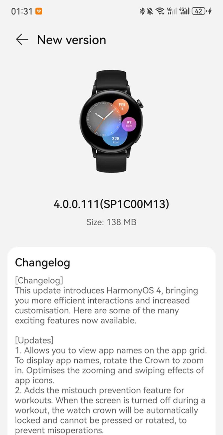 Zrzut ekranu aktualizacji w wersji 4.0.0.111 (SP1C00M13) dla Huawei Watch GT 3. (Źródło obrazu: Huawei Central)