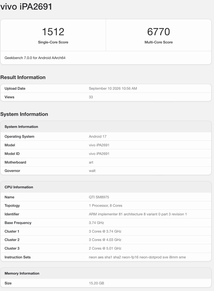 Wpis dotyczący iQOO Pad Ultra w serwisie Geekbench.
