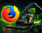 Laptop do gier z obrazem gry na ekranie, a nad nim logo marek Geforce Now i Firefox