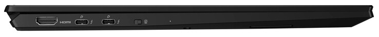 Lewy bok: HDMI, 2x Thunderbolt 4 (USB-C; Power Delivery, Displayport), przełącznik kamery internetowej