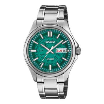 Casio /MTP-E740-3AV z jasną, turkusową, półprzezroczystą tarczą.