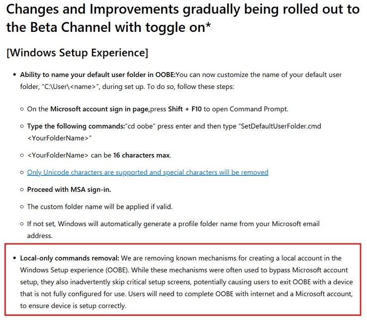 Nowo dodane ograniczenie w wersji beta systemu Windows 11 (źródło obrazu: Microsoft)