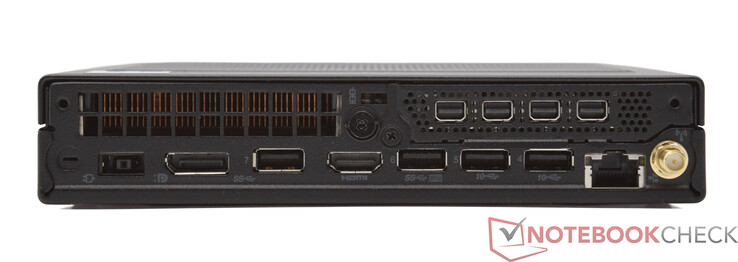 Panel tylny: Złącze zasilania, DisplayPort 1.4, 2x 3.2 Gen-1 (5 GBit/s), HDMI 2.1 TMDS, 2x 3.2 Gen-2 (10 GBit/s), 10/100/1000 MBit (Intel I219-LM), 4x Mini DisplayPort 1.4a (Nvidia T1000), antena WLAN