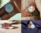Zegarki Timex x Todd Snyder Marlin Mesh z tarczami w kolorach srebrnym, turkusowym i łososiowym z efektem promieniowania słonecznego, przedstawione zarówno na nadgarstku, jak i poza nim.