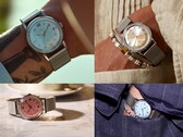 Zegarki Timex x Todd Snyder Marlin Mesh z tarczami w kolorach srebrnym, turkusowym i łososiowym z efektem promieniowania słonecznego, przedstawione zarówno na nadgarstku, jak i poza nim.